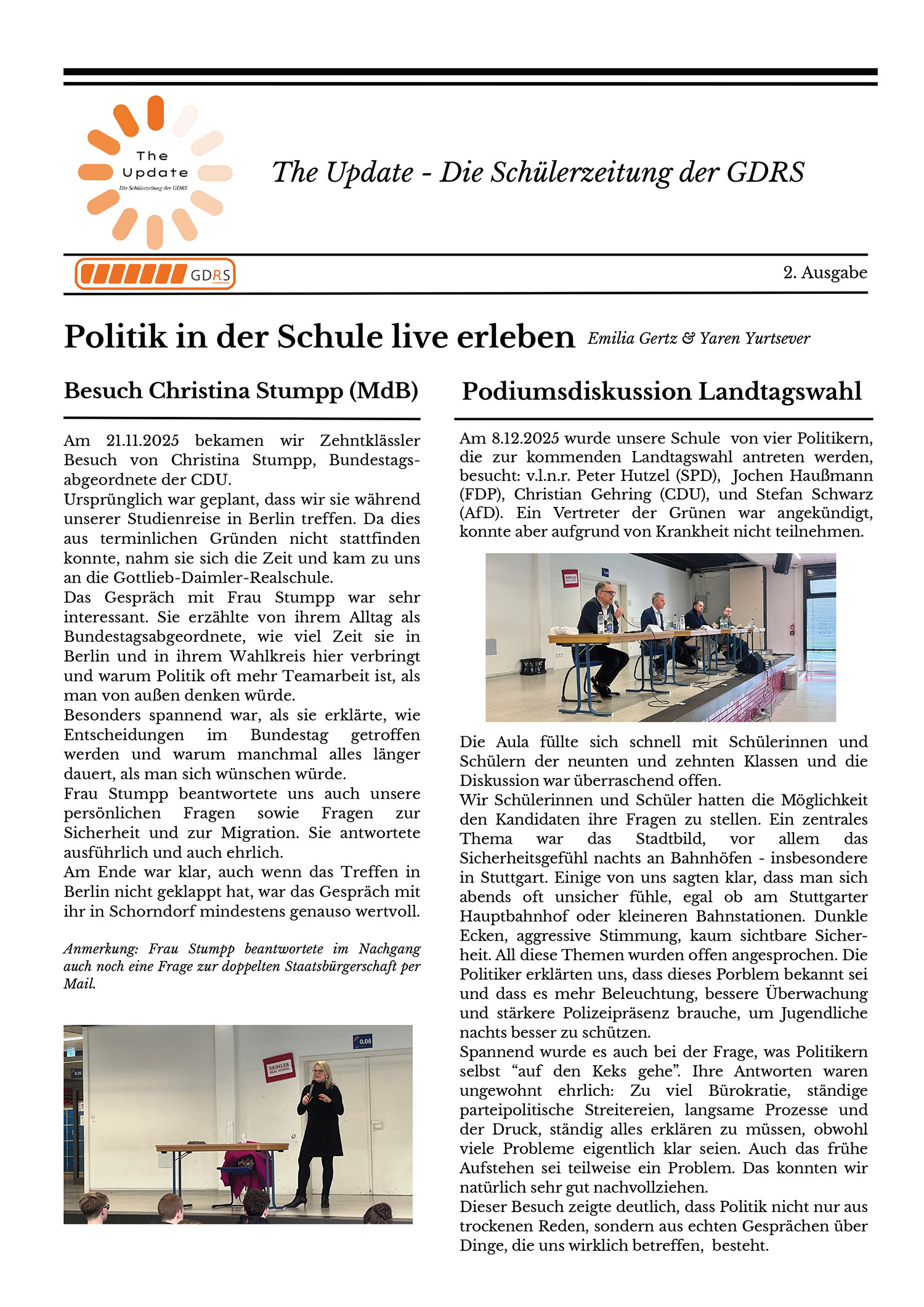 Seite 1 der Schülerzeitung The Update der GDRS