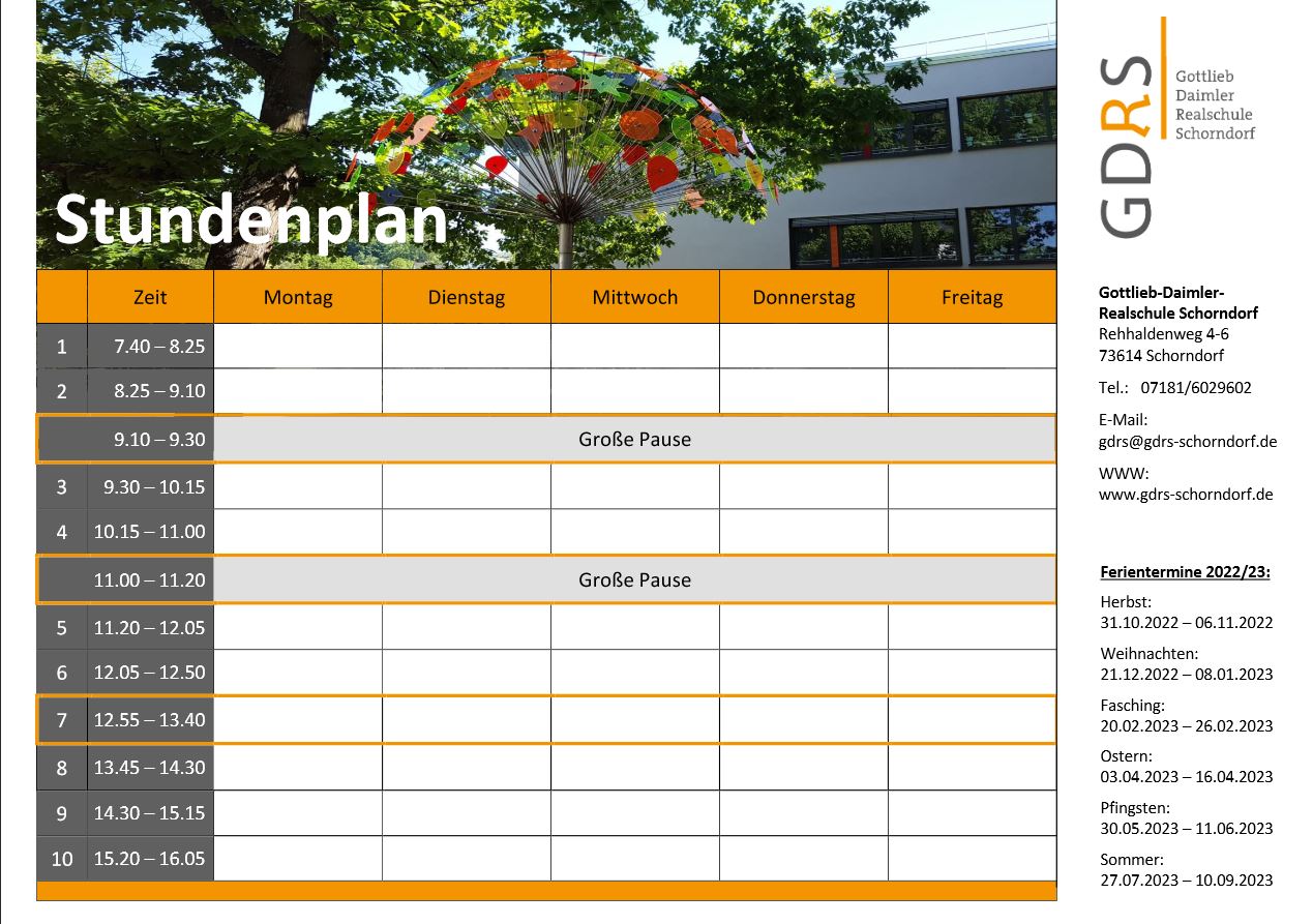 GDRS-Stundenplan mit Adresse und Ferienterminen